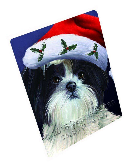Christmas Shih Tzu Dog Holiday Portrait with Santa Hat Art Portrait Print Woven Throw Sherpa Plush Fleece Blanket