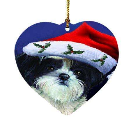 Christmas Shih Tzu Dog Holiday Portrait with Santa Hat Heart Ornament D003