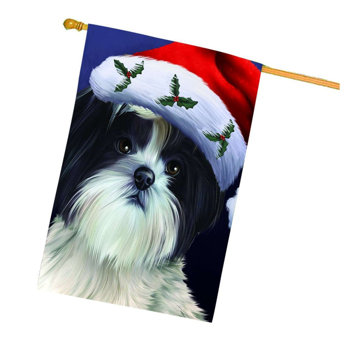 Christmas Shih Tzu Dog Holiday Portrait with Santa Hat House Flag