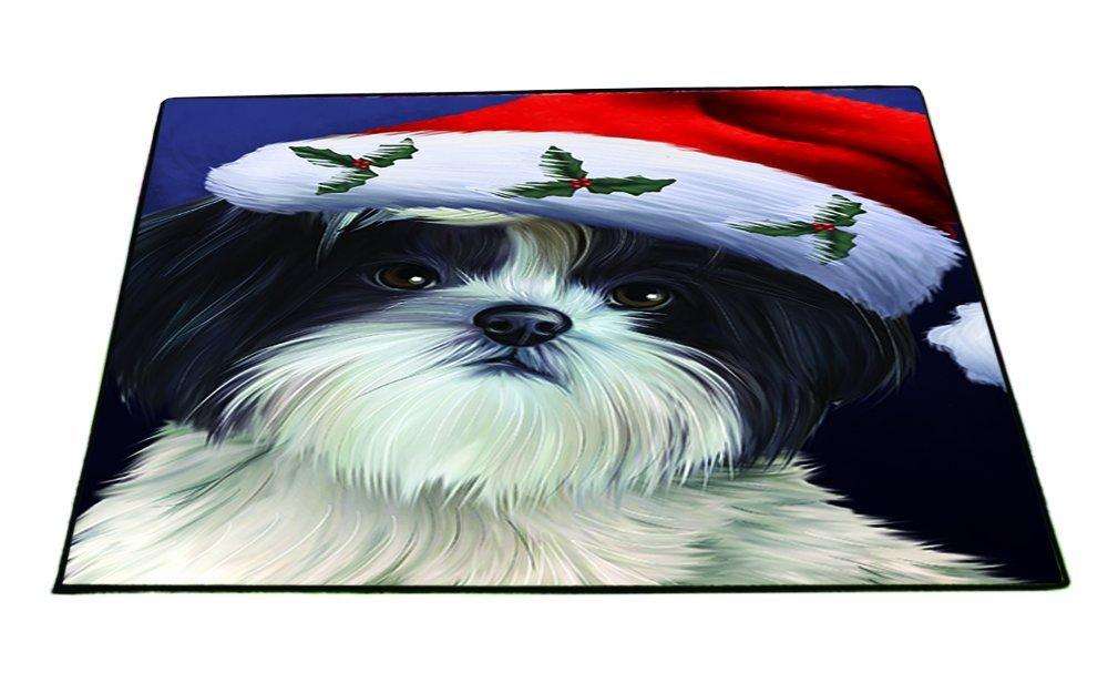 Christmas Shih Tzu Dog Holiday Portrait with Santa Hat Indoor/Outdoor Floormat