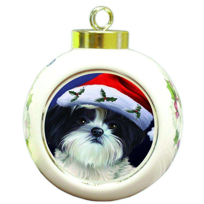 Christmas Shih Tzu Dog Holiday Portrait with Santa Hat Round Ball Ornament D003