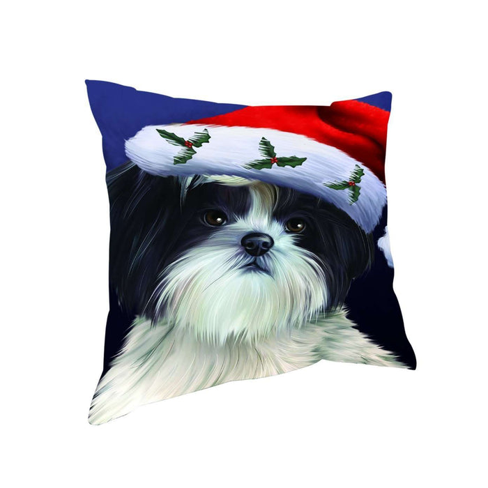 Christmas Shih Tzu Dog Holiday Portrait with Santa Hat Throw Pillow