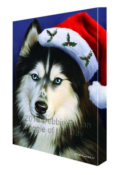 Christmas Siberian Huskies Dog Holiday Portrait with Santa Hat Canvas Wall Art D025