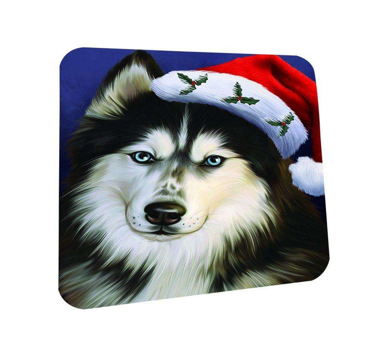 Christmas Siberian Huskies Dog Holiday Portrait with Santa Hat Coasters Set of 4