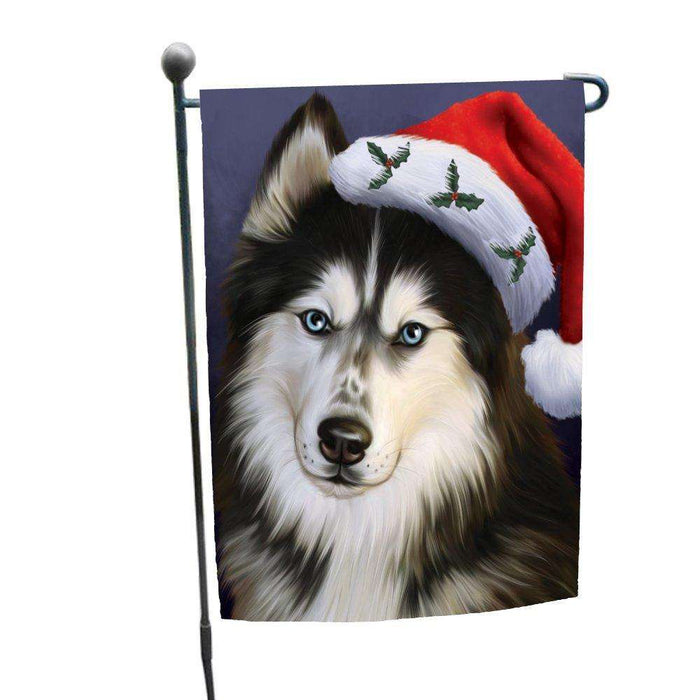 Christmas Siberian Huskies Dog Holiday Portrait with Santa Hat Garden Flag