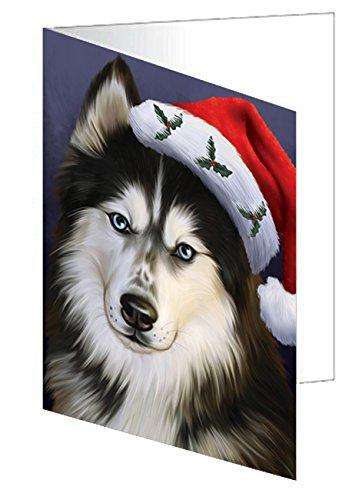 Christmas Siberian Huskies Dog Holiday Portrait with Santa Hat Handmade Artwork Assorted Pets Greeting Cards and Note Cards with Envelopes for All Occasions and Holiday Seasons