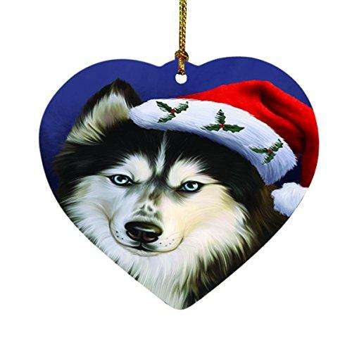 Christmas Siberian Huskies Dog Holiday Portrait with Santa Hat Heart Ornament D039
