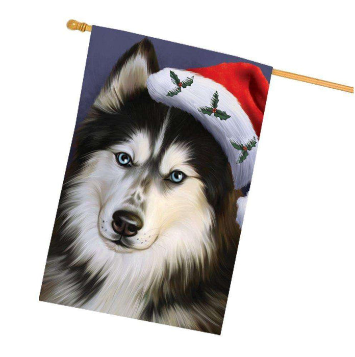 Christmas Siberian Huskies Dog Holiday Portrait with Santa Hat House Flag