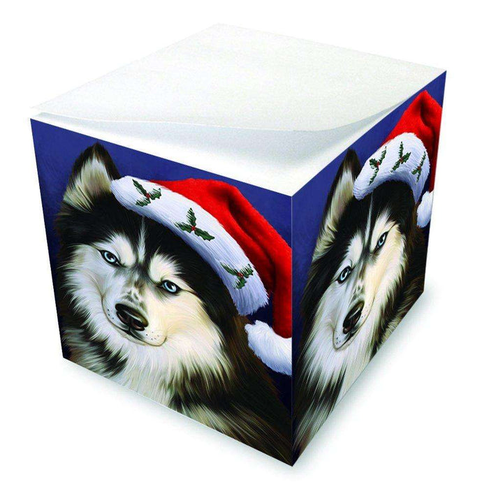 Christmas Siberian Huskies Dog Holiday Portrait with Santa Hat Note Cube D035