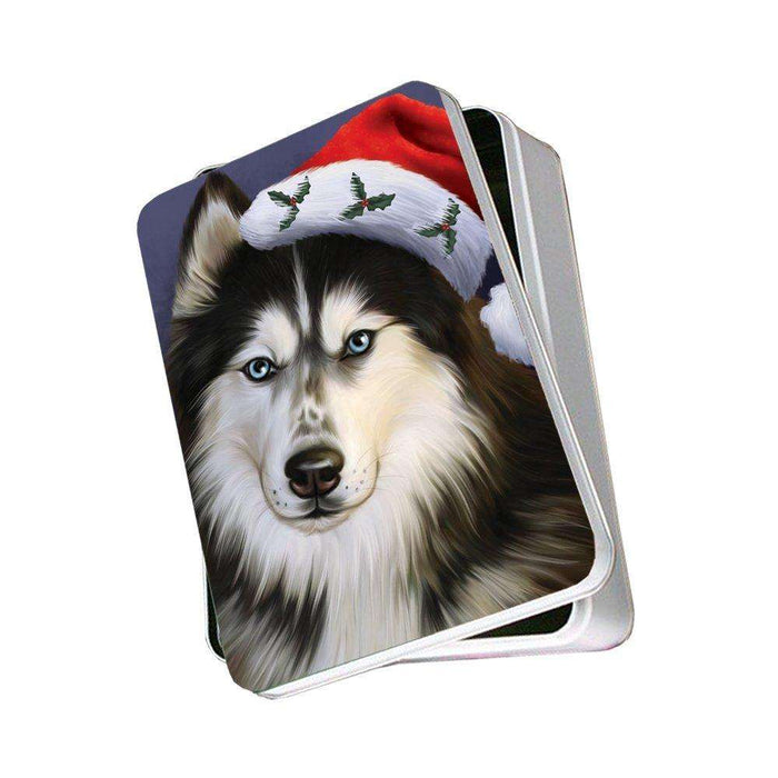 Christmas Siberian Huskies Dog Holiday Portrait with Santa Hat Photo Storage Tin