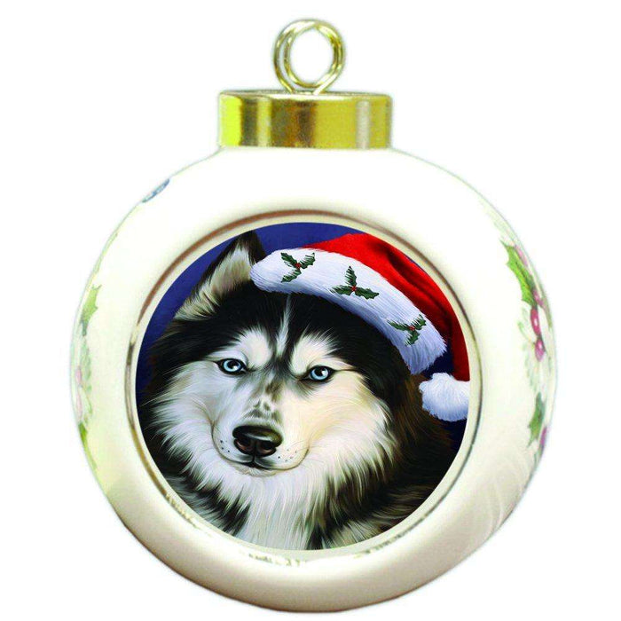Christmas Siberian Huskies Dog Holiday Portrait with Santa Hat Round Ball Ornament D039