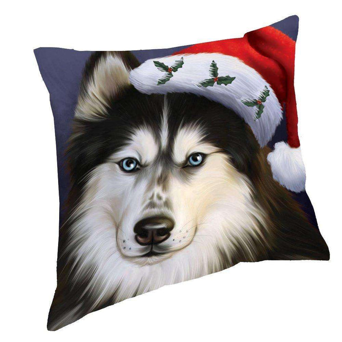 Christmas Siberian Huskies Dog Holiday Portrait with Santa Hat Throw Pillow