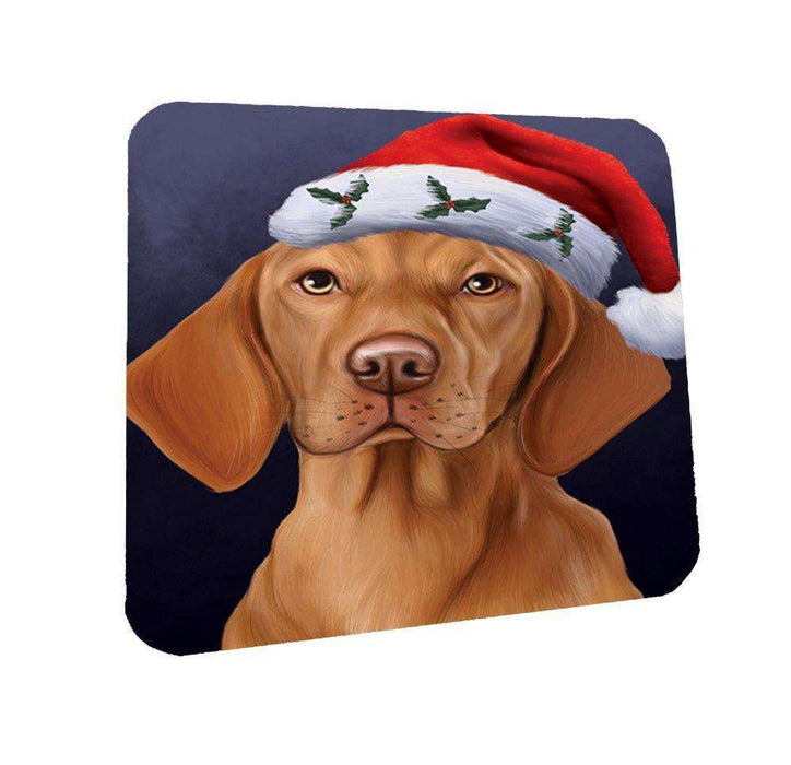 Christmas Vizsla Dog Holiday Portrait with Santa Hat Coasters Set of 4