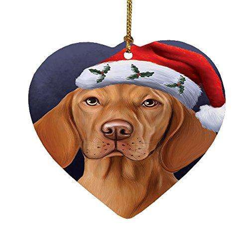 Christmas Vizsla Dog Holiday Portrait with Santa Hat Heart Ornament