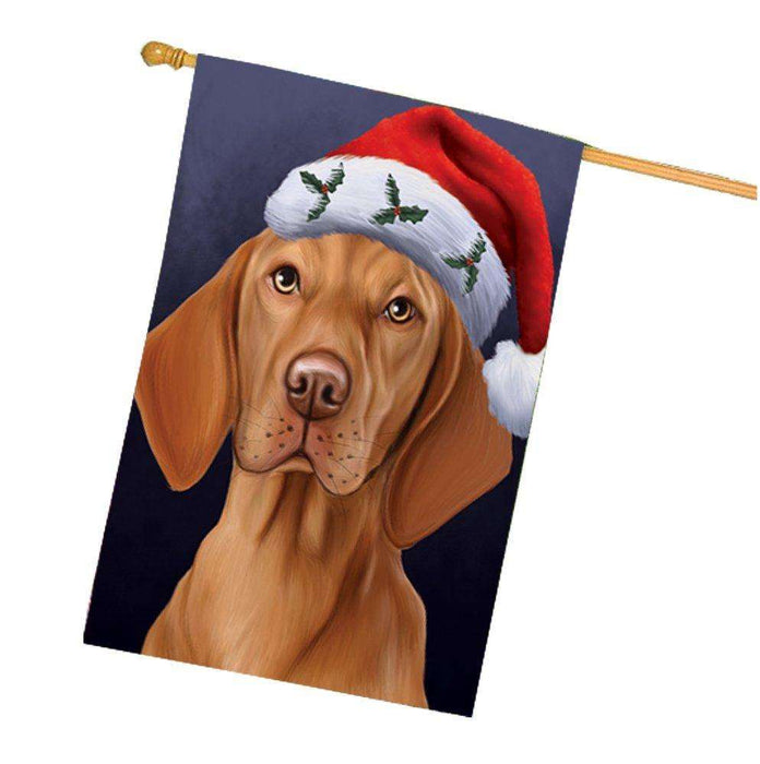 Christmas Vizsla Dog Holiday Portrait with Santa Hat House Flag