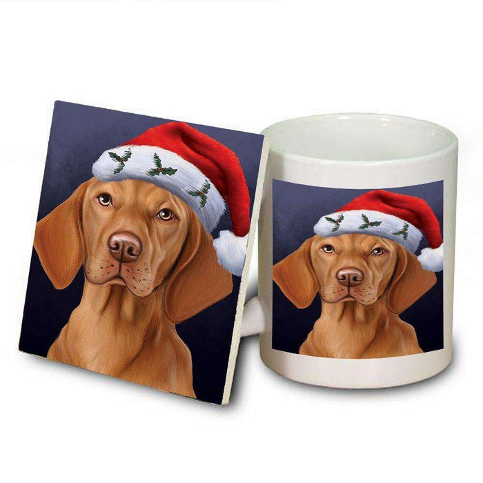 Christmas Vizsla Dog Holiday Portrait with Santa Hat Mug and Coaster Set