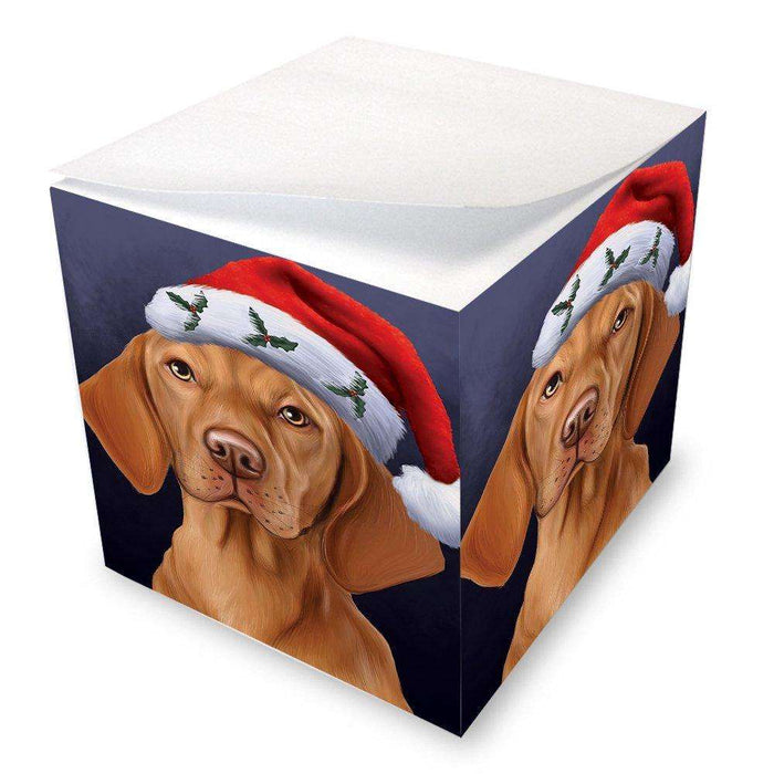 Christmas Vizsla Dog Holiday Portrait with Santa Hat Note Cube D472