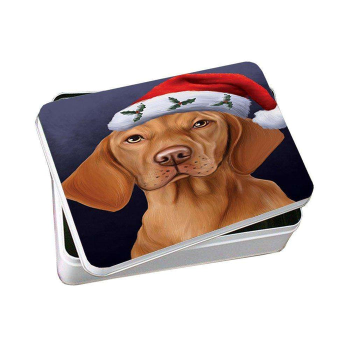 Christmas Vizsla Dog Holiday Portrait with Santa Hat Photo Storage Tin