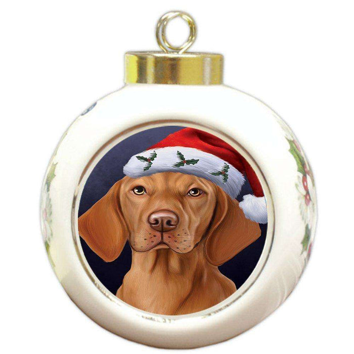 Christmas Vizsla Dog Holiday Portrait with Santa Hat Round Ball Ornament