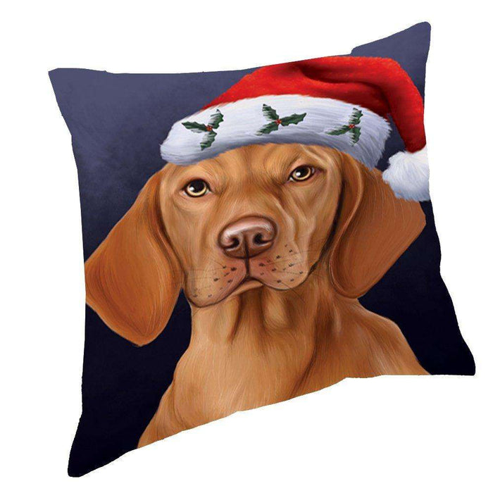 Christmas Vizsla Dog Holiday Portrait with Santa Hat Throw Pillow