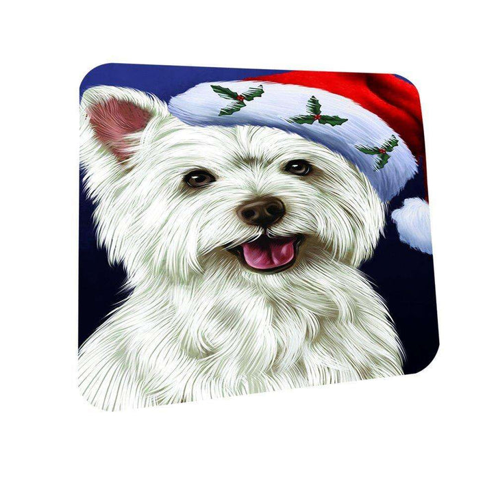 Christmas West Highland Terriers Dog Holiday Portrait with Santa Hat Coasters Set of 4