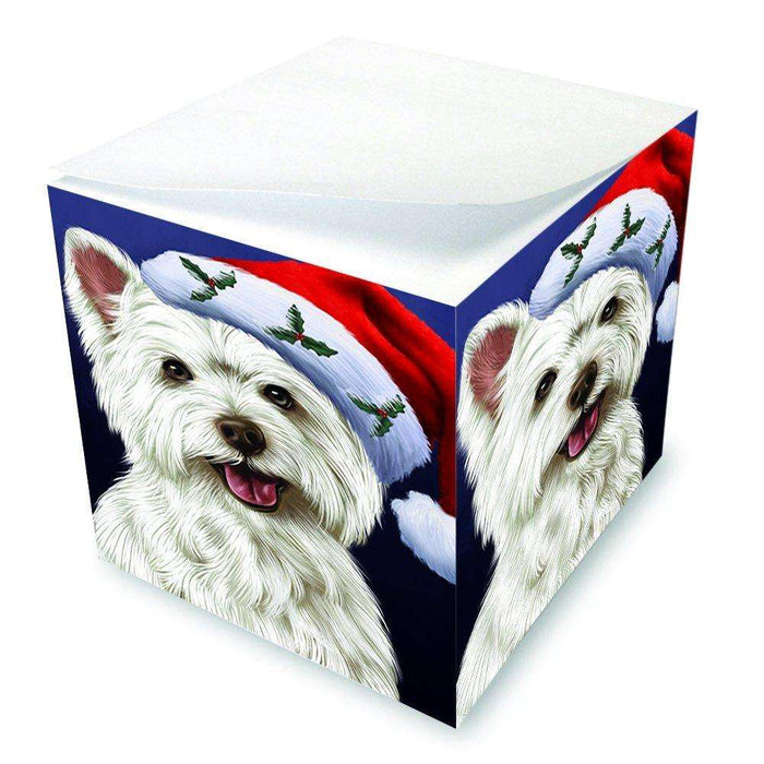 Christmas West Highland Terriers Dog Holiday Portrait with Santa Hat Note Cube D036