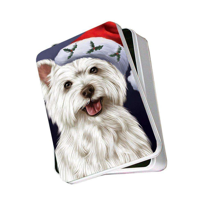 Christmas West Highland Terriers Dog Holiday Portrait with Santa Hat Photo Storage Tin