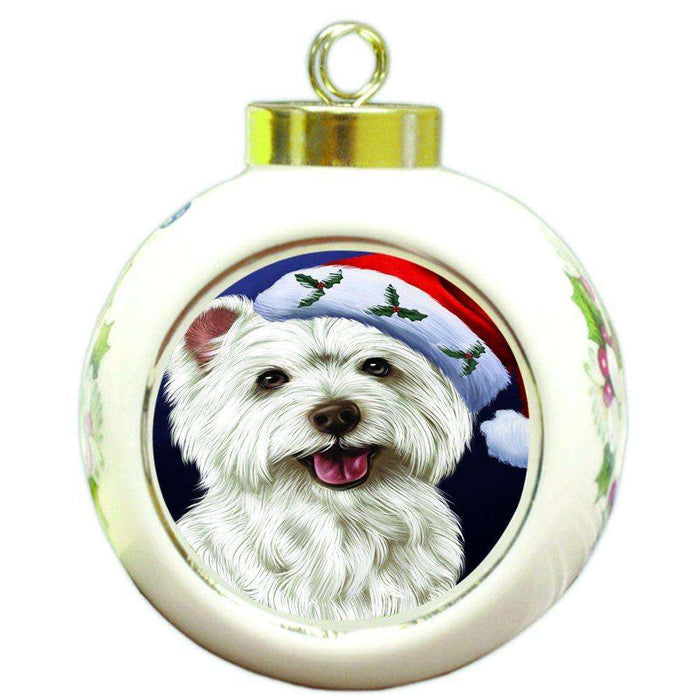 Christmas West Highland Terriers Dog Holiday Portrait with Santa Hat Round Ball Ornament D040