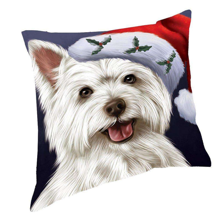 Christmas West Highland Terriers Dog Holiday Portrait with Santa Hat Throw Pillow