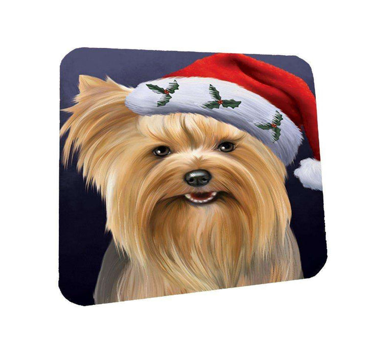 Christmas Yorkshire Terriers Dog Holiday Portrait with Santa Hat Coasters Set of 4