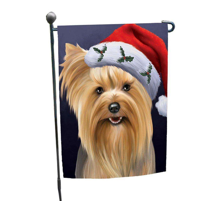 Christmas Yorkshire Terriers Dog Holiday Portrait with Santa Hat Garden Flag