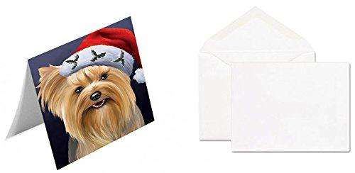 Christmas Yorkshire Terriers Dog Holiday Portrait with Santa Hat Handmade Artwork Assorted Pets Greeting Cards and Note Cards with Envelopes for All Occasions and Holiday Seasons