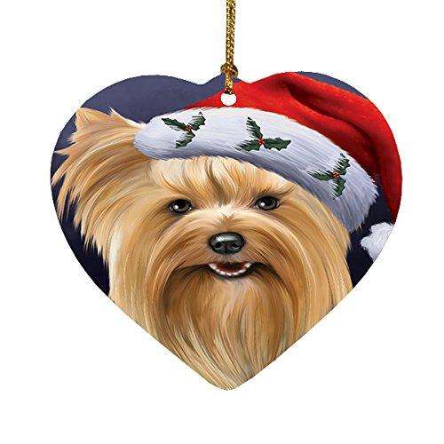 Christmas Yorkshire Terriers Dog Holiday Portrait with Santa Hat Heart Ornament