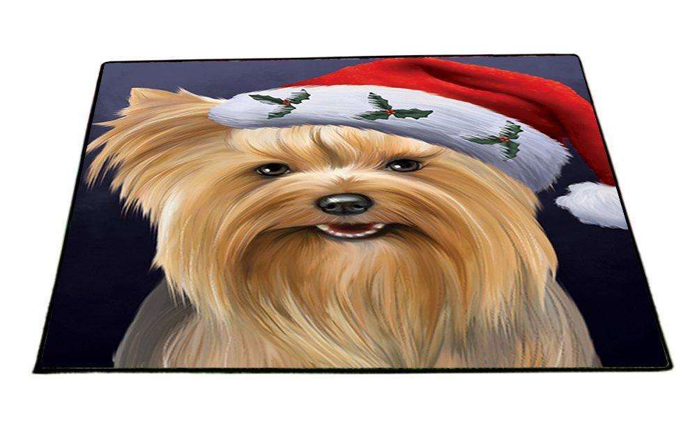Christmas Yorkshire Terriers Dog Holiday Portrait with Santa Hat Indoor/Outdoor Floormat