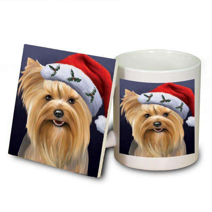 Christmas Yorkshire Terriers Dog Holiday Portrait with Santa Hat Mug and Coaster Set