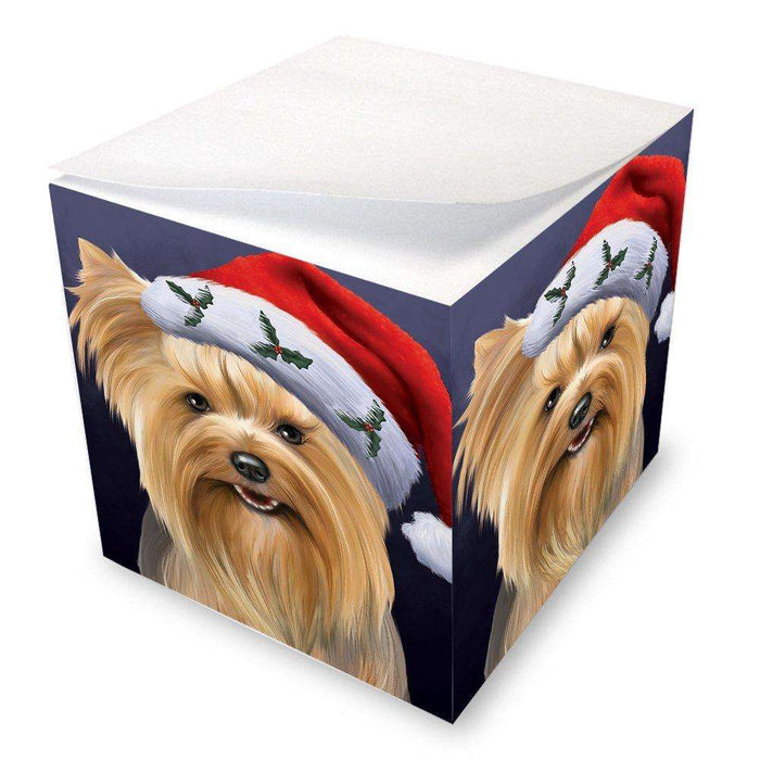 Christmas Yorkshire Terriers Dog Holiday Portrait with Santa Hat Note Cube D473