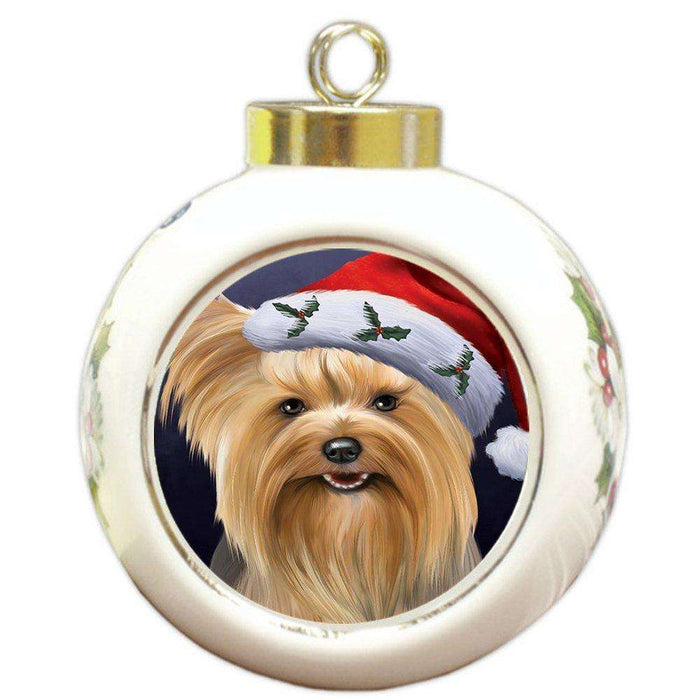 Christmas Yorkshire Terriers Dog Holiday Portrait with Santa Hat Round Ball Ornament