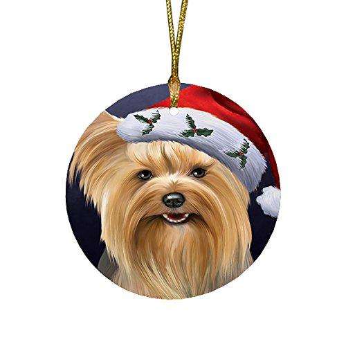 Christmas Yorkshire Terriers Dog Holiday Portrait with Santa Hat Round Ornament