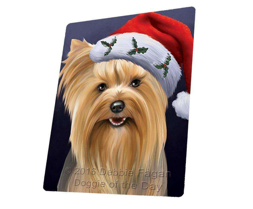 Christmas Yorkshire Terriers Dog Holiday Portrait with Santa Hat Tempered Cutting Board