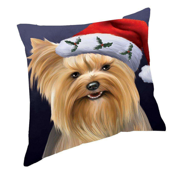 Christmas Yorkshire Terriers Dog Holiday Portrait with Santa Hat Throw Pillow