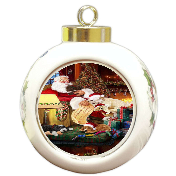 Cockapoo Dog and Puppies Sleeping with Santa Round Ball Christmas Ornament