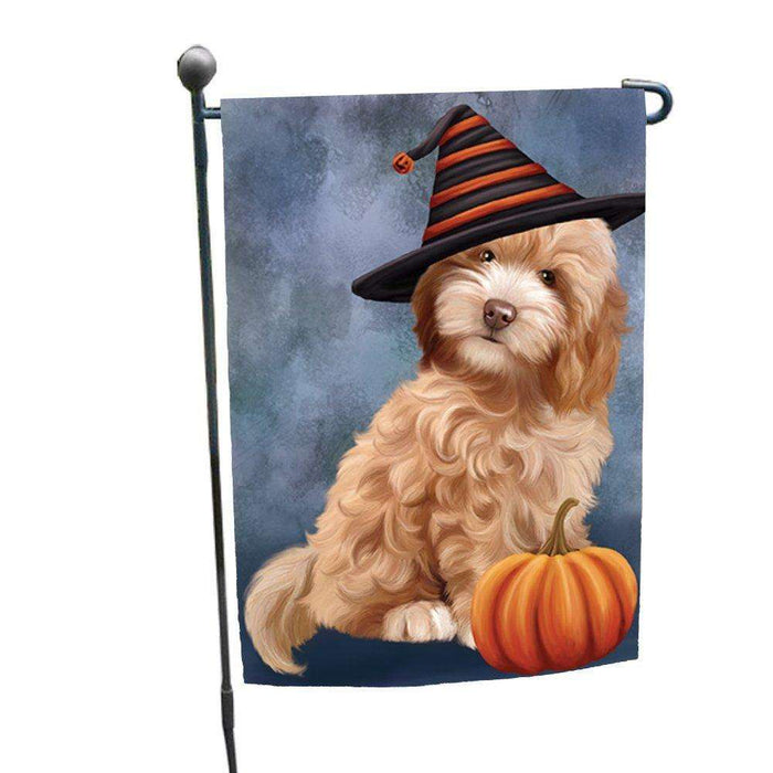 Cockapoo Dog Wearing Witch Hat with Pumpkin Garden Flag