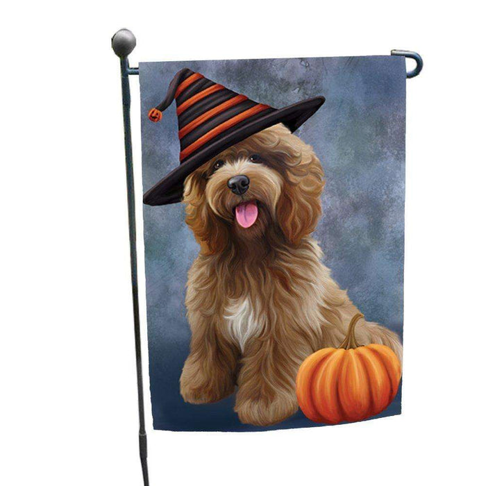 Cockapoo Dog Wearing Witch Hat with Pumpkin Garden Flag