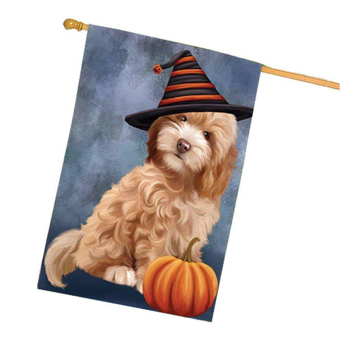Cockapoo Dog Wearing Witch Hat with Pumpkin House Flag
