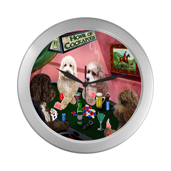 Home of Cockapoo Dogs Playing Poker Silver Wall Clocks