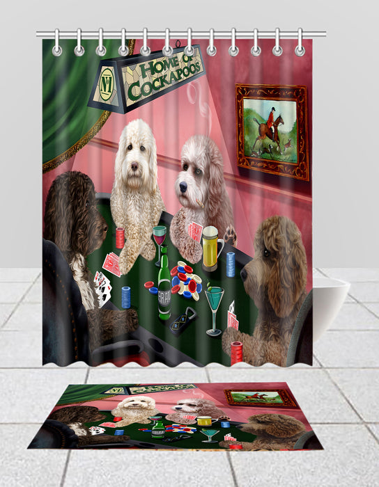 Home of  Cockapoo Dogs Playing Poker Bath Mat and Shower Curtain Combo