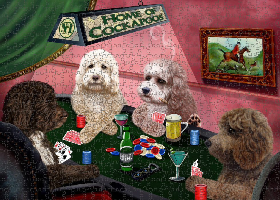 Home of Poker Playing Cockapoo Dogs Portrait Jigsaw Puzzle for Adults Animal Interlocking Puzzle Game Unique Gift for Dog Lover's with Metal Tin Box