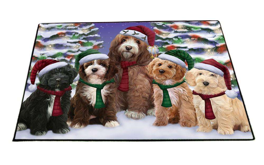 Cockapoos Dog Christmas Family Portrait in Holiday Scenic Background Floormat FLMS51927