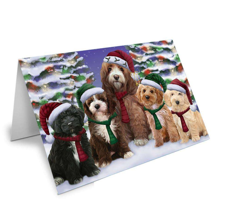 Cockapoos Dog Christmas Family Portrait in Holiday Scenic Background Handmade Artwork Assorted Pets Greeting Cards and Note Cards with Envelopes for All Occasions and Holiday Seasons GCD62159