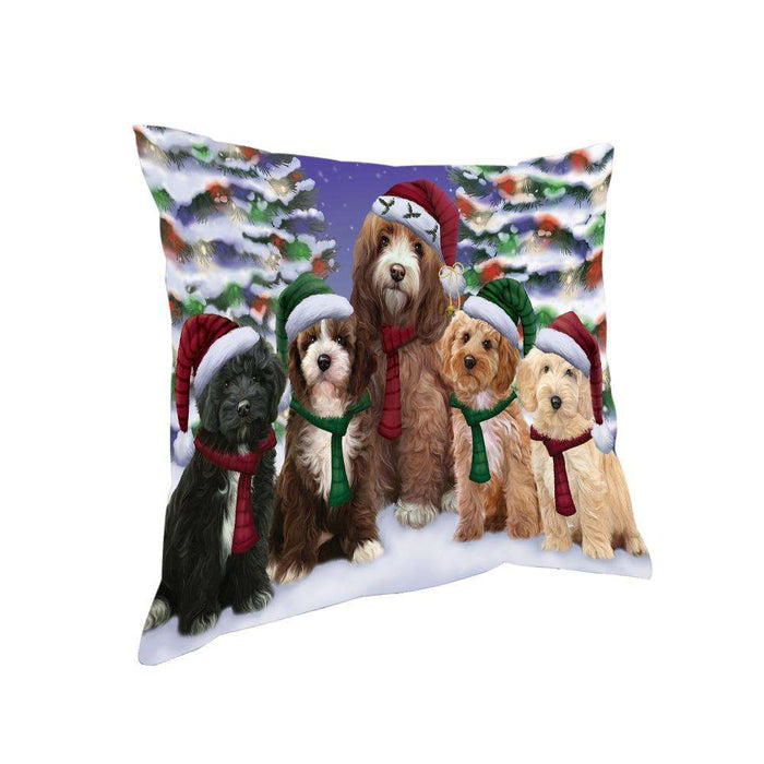 Cockapoos Dog Christmas Family Portrait in Holiday Scenic Background Pillow PIL66996